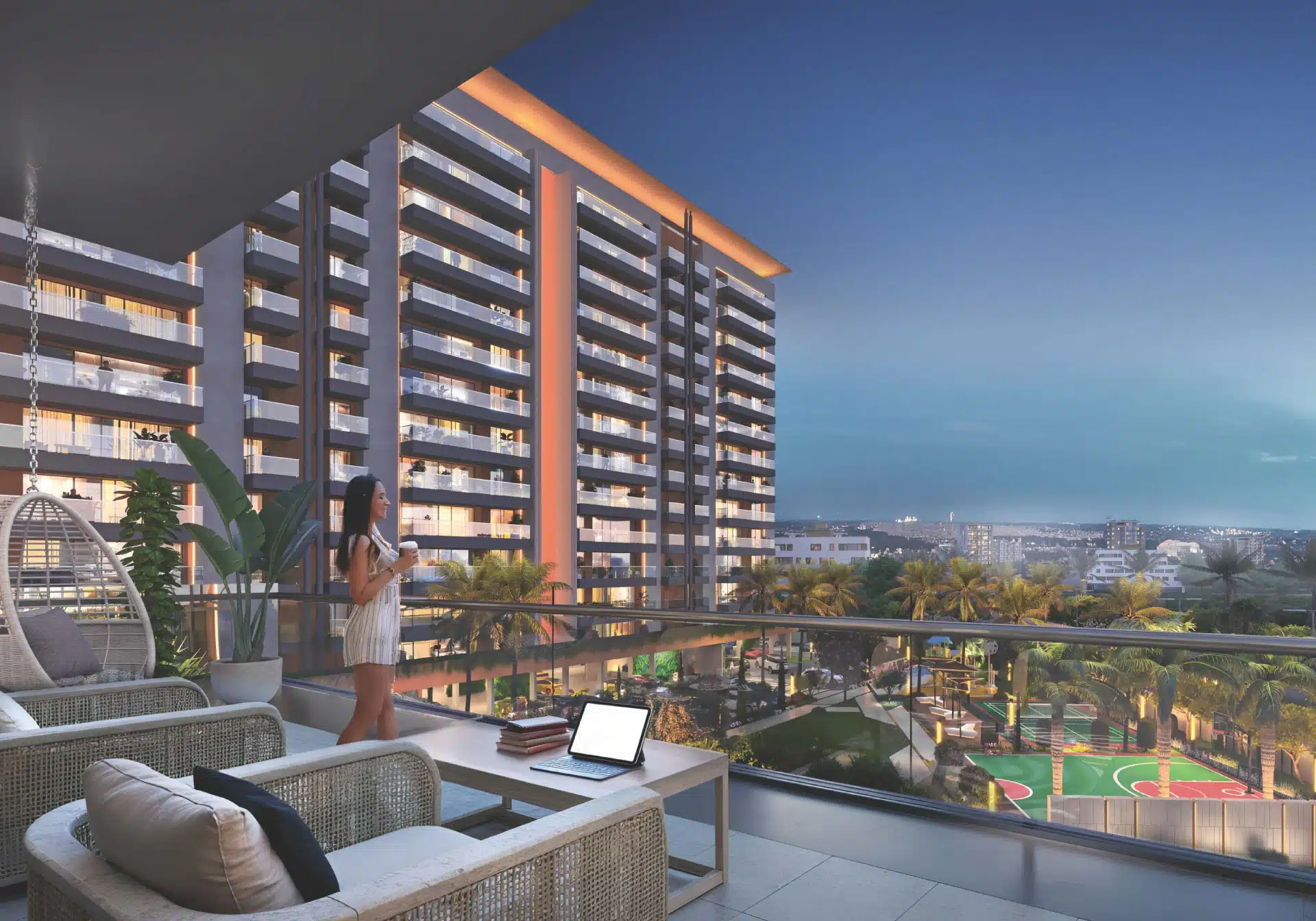 Gulnaar Zenium 4+1 BHK balcony view at dusk with illuminated towers