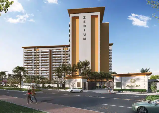 Gulnaar Zenium four-tower luxury apartments in Zirakpur with stilt parking, 13 floors, landscaped entrance and street view