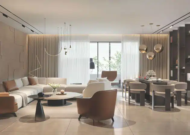 Gulnaar Zenium luxury living room showing contemporary seating, pendant lighting and a connected dining space by a big window