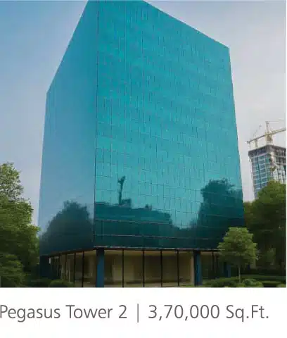 Gulnaar Zenium Pegasus Tower 2 completed 370,000 sq ft modern teal glass office building with landscaping