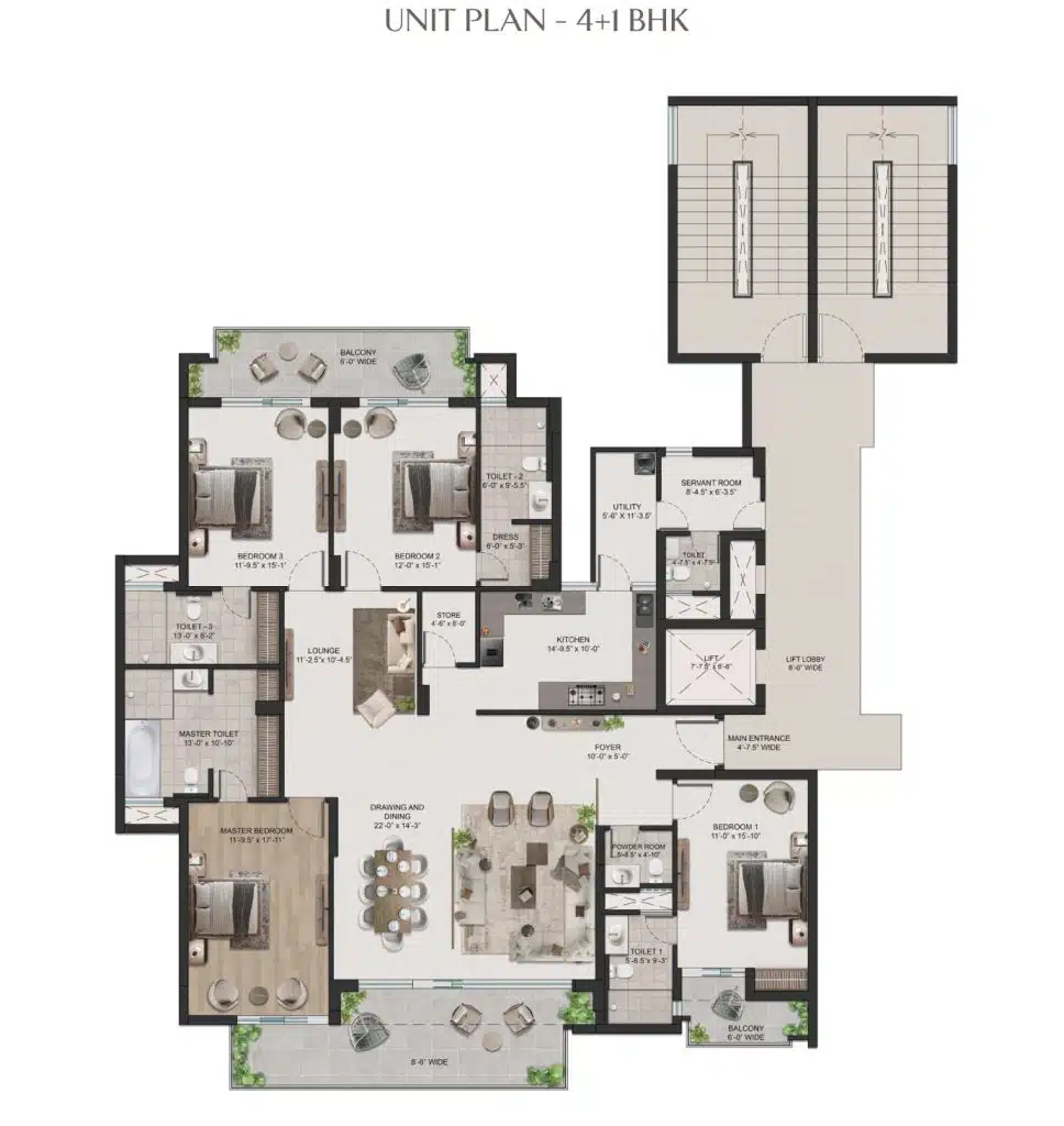 Gulnaar Zenium 4+1 BHK 3575 sq ft floor plan with living, dining, kitchen, utility, servant room and multiple balconies