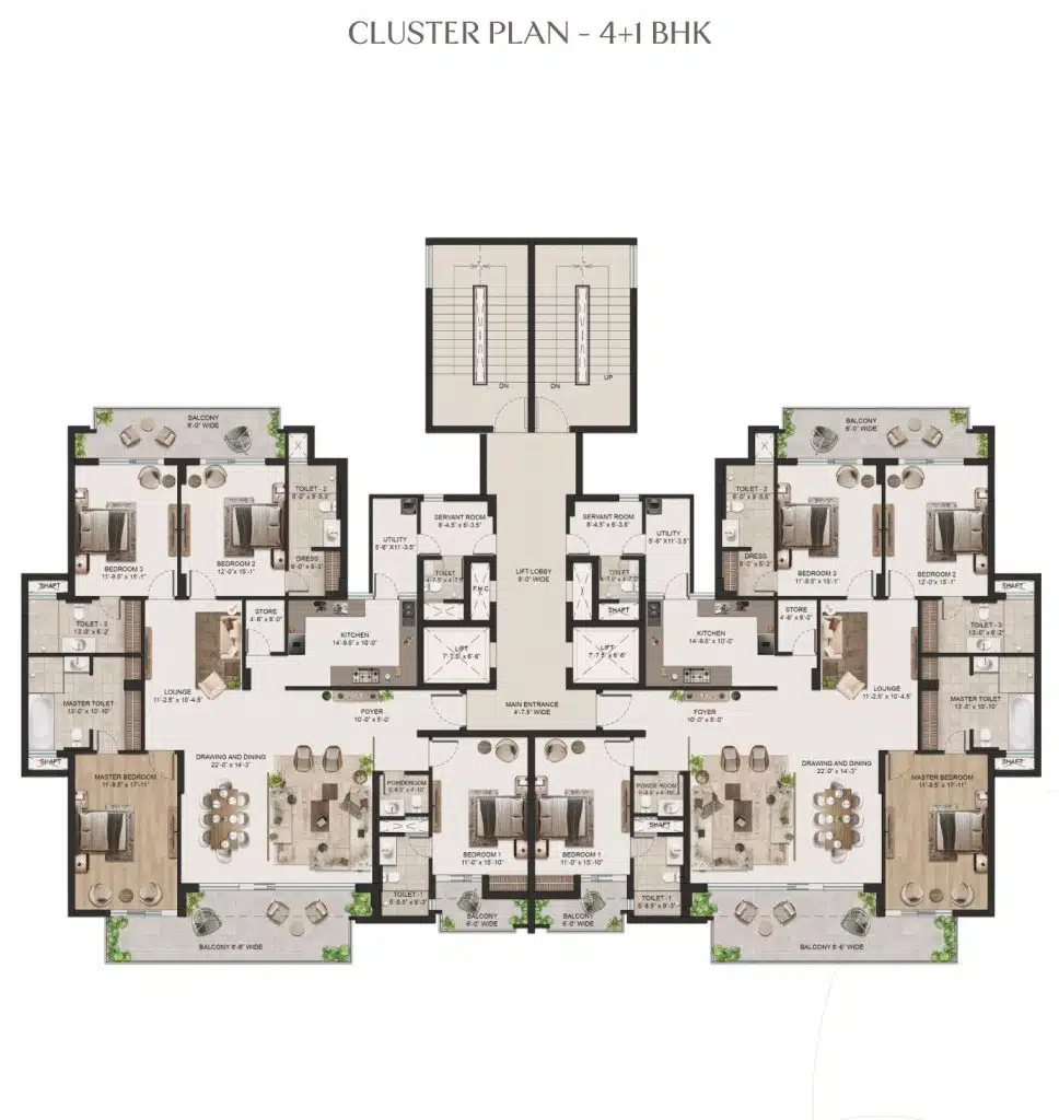 Gulnaar Zenium cluster floor plan for 4+1 BHK luxury apartments showing bedrooms, lounges, kitchens, balconies and lift lobby
