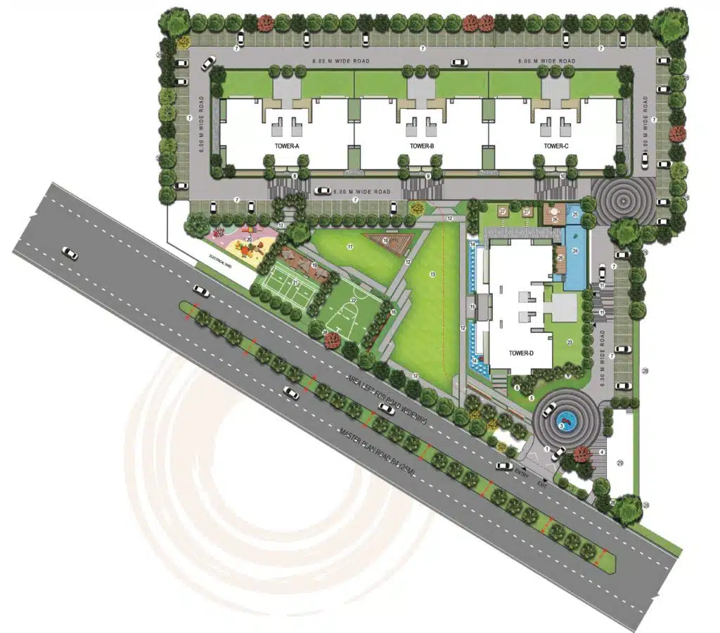 Gulnaar Zenium site plan with four towers, landscaped gardens, kids’ play, sports courts, swimming pool and vehicular entry