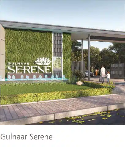 Gulnaar Serene luxury residential entrance with green wall, illuminated sign, fountain and landscaped pedestrian gateway