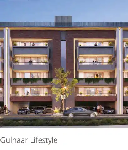 Gulnaar Zenium upcoming luxury apartment exterior render with modern balconies, warm lighting, landscaping and parked cars