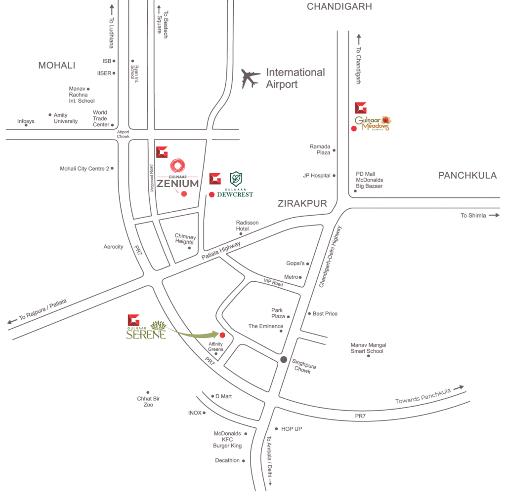 Gulnaar Zenium location map highlighting connectivity to Zirakpur, Aerocity Mohali, airport, schools and major roads