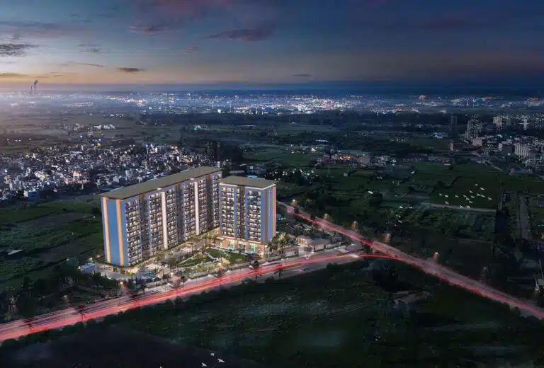 Night aerial view of Gulnaar Zenium 4+1 BHK luxury apartments city skyline