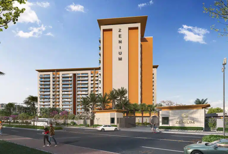 Gulnaar Zenium exterior rendering of premium 4+1 BHK luxury apartments with landscaped entrance and grand lobby