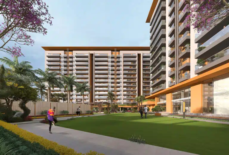 Gulnaar Zenium residential towers courtyard rendering showing green lawn